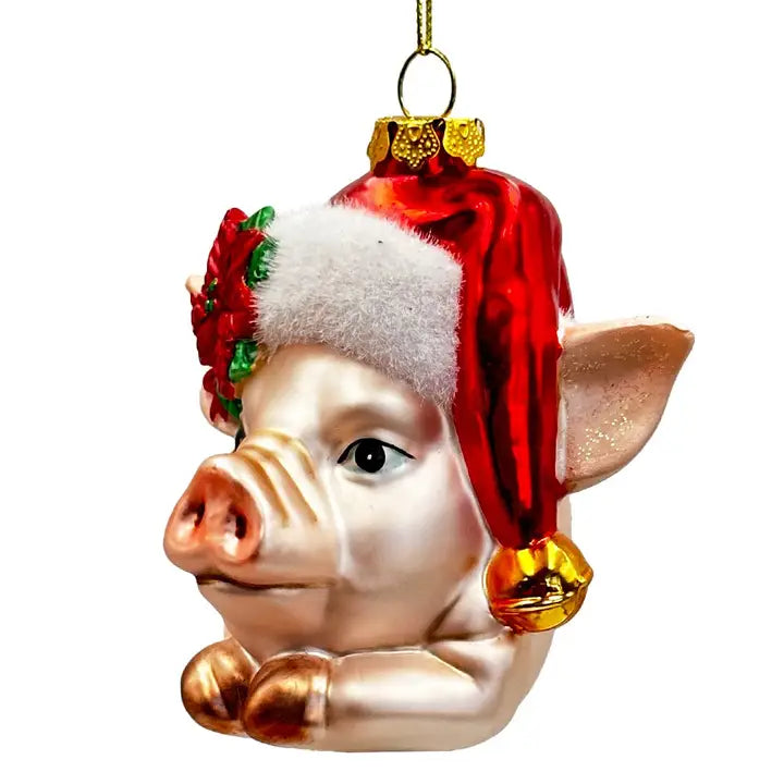 Charming Pig with Santa Hat Glass Ornament