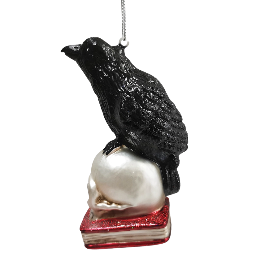 Raven On Skull and Book Glass Ornament