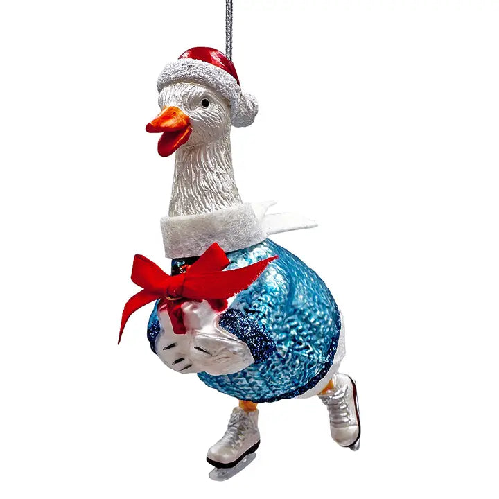 Playful Goose in Skates Glass Ornament