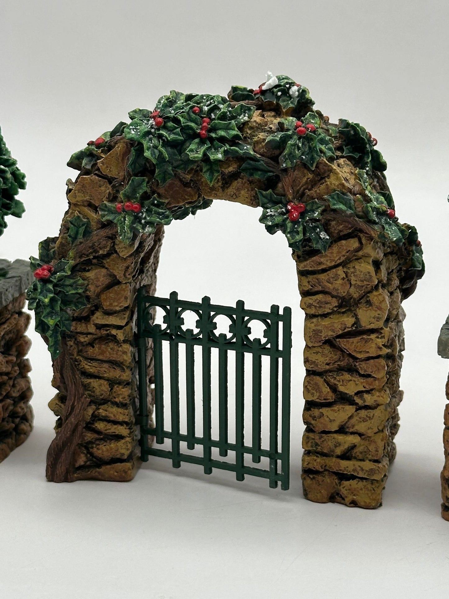 Department 56 - Stone Corner Posts with Holly Tree and Stone Archway - Village Accessories