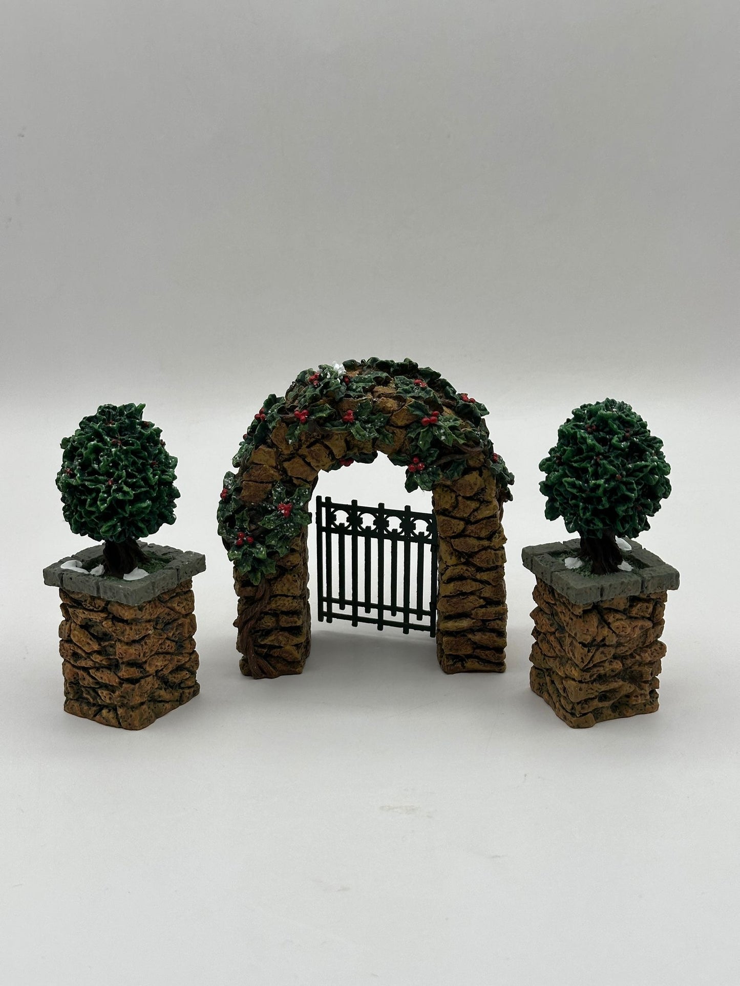 Department 56 - Stone Corner Posts with Holly Tree and Stone Archway - Village Accessories