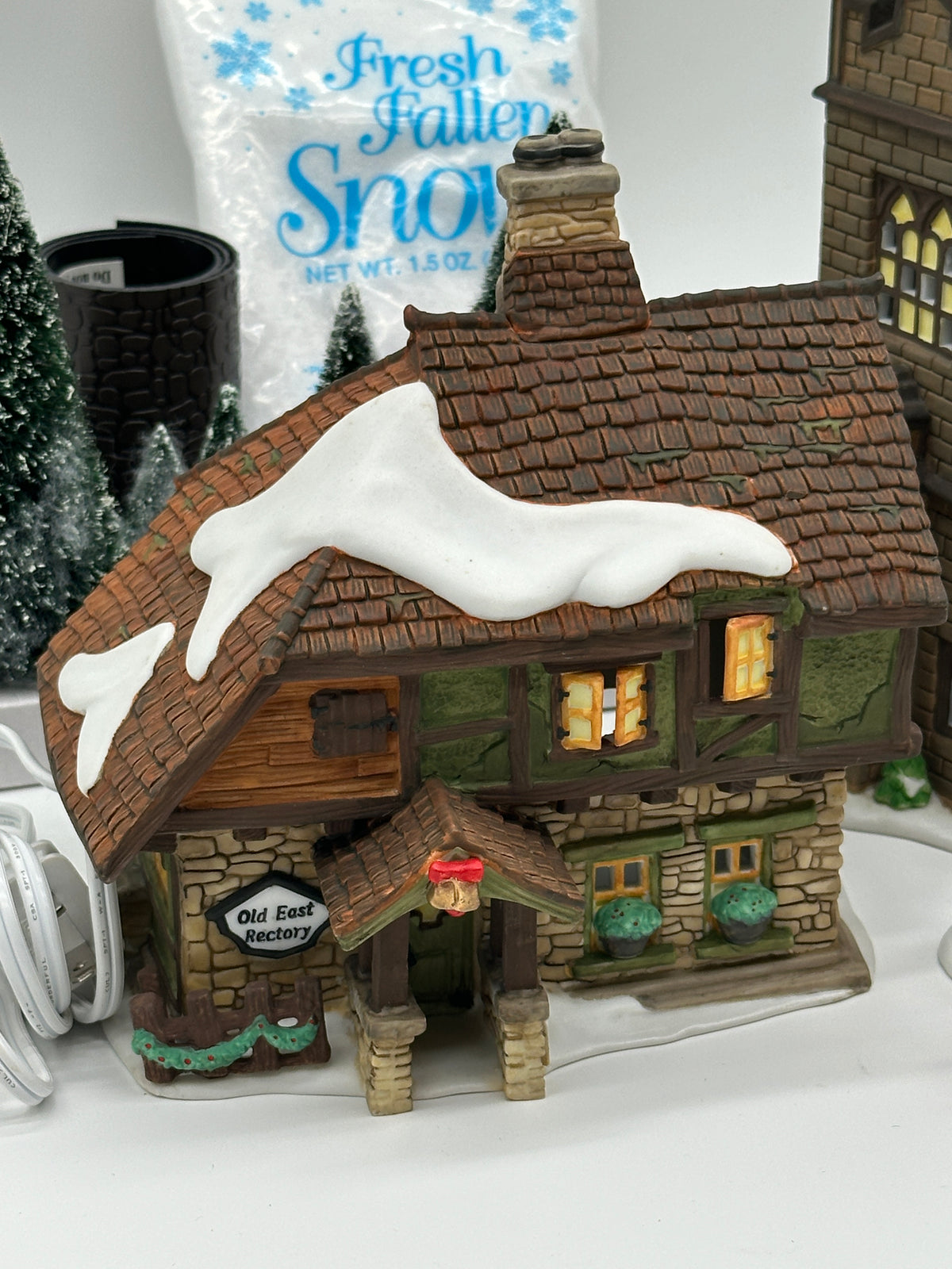 Old East Rectory, lighted, snow on the thatched roof, Department 56 Dickens' Village