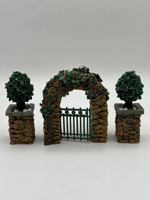 Department 56 - Stone Corner Posts with Holly Tree and Stone Archway - Village Accessories