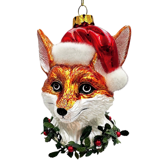 Fox with Santa Hat Glass Ornament